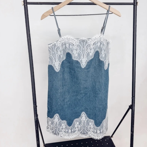 Denim Mini Dress with Lace Trim - Picture 9 of 9